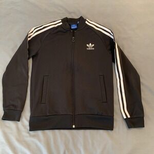 Adidas Track Jacket Youth Medium 10-12 Black 3-Stripes Full Zip Trefoil Logo